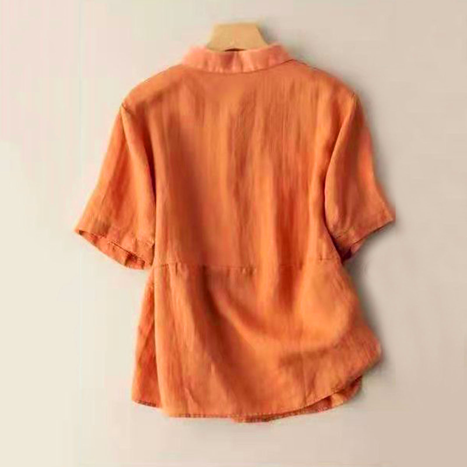 thumbnail image 3 of Camisa de mujer de lino con botones, manga corta y cuello redondo, top informal de algodón mezclado para la oficina, corte ajustado, temporada otoño, tallas M-XXXL, 3 of 7